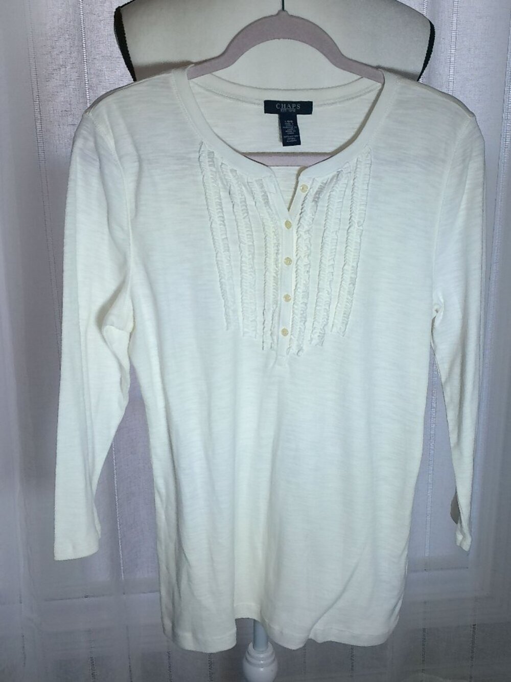CHAPS Blouse Henley Partial Button Down Lace Detail 100% Cotton Cream L